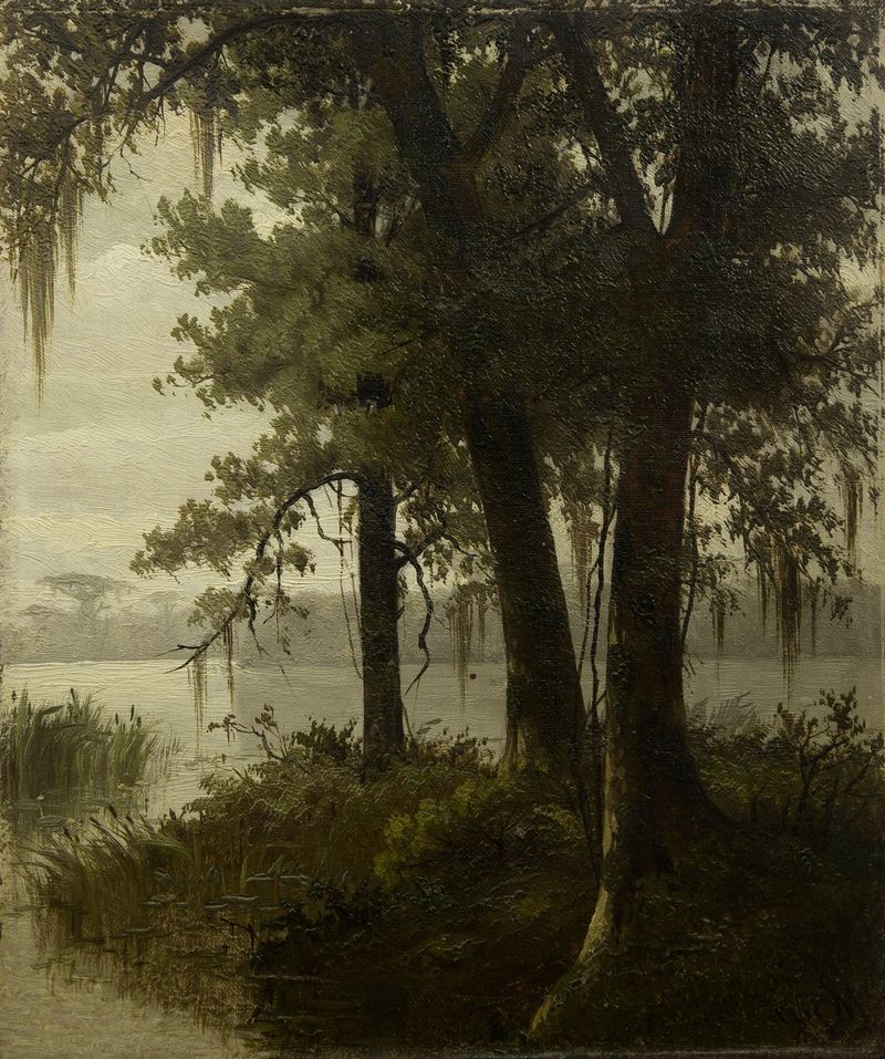 Swamp Scene by Joseph Rusling Meeker, oil on canvas depicting twisted trees and still waters.
