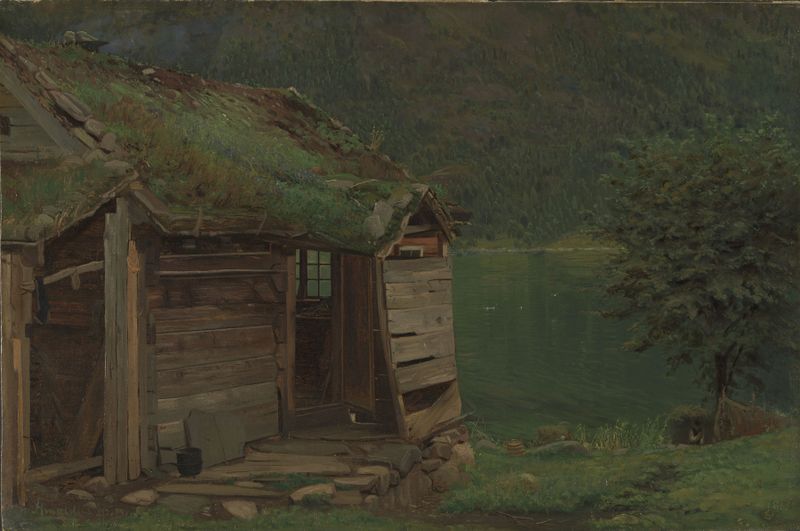 Farmhouse at Balestrand de Amaldus Nielsen, óleo sobre tela que retrata uma paisagem serena com uma casa de campo e colinas.