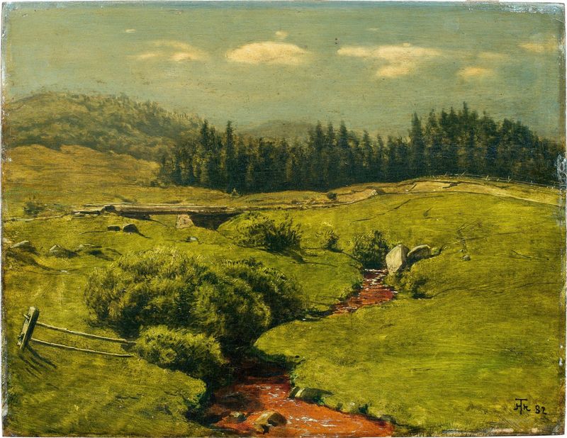 Der braune Bach de Hans Thoma, óleo sobre lienzo que representa un arroyo en un bosque con luz dorada.