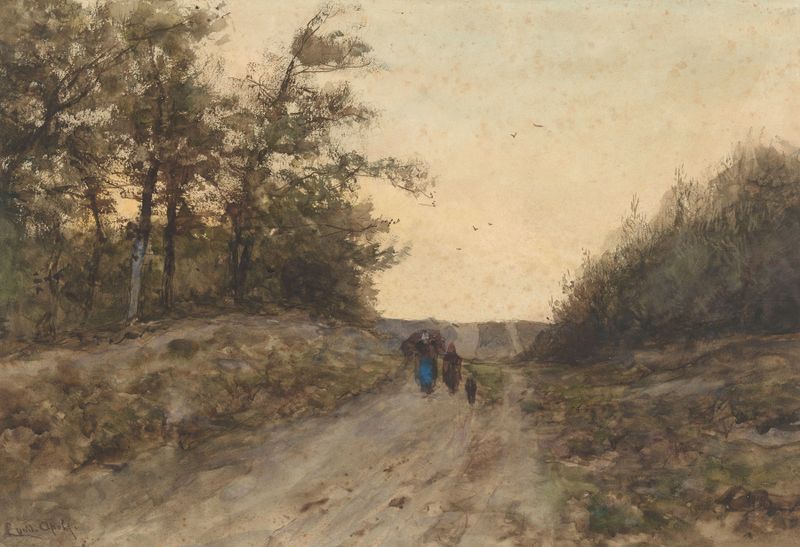 Landscape with figures on a dirt path, oil on canvas by Louis Apol