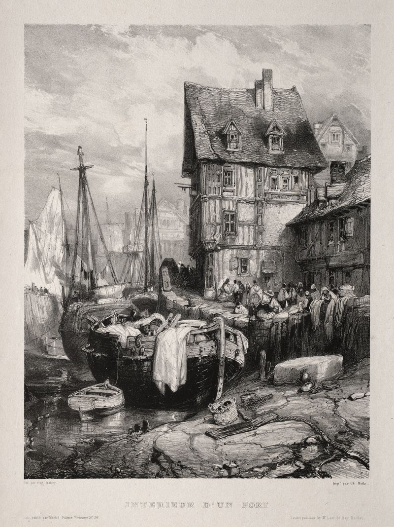 Marine scene with boats and clouds, oil on canvas by Eugène Isabey