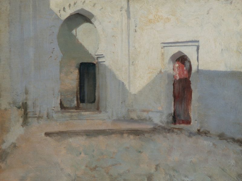 Courtyard, Tetuan, Morocco de John Singer Sargent, óleo sobre lienzo, con azulejos bañados por el sol y sombras.