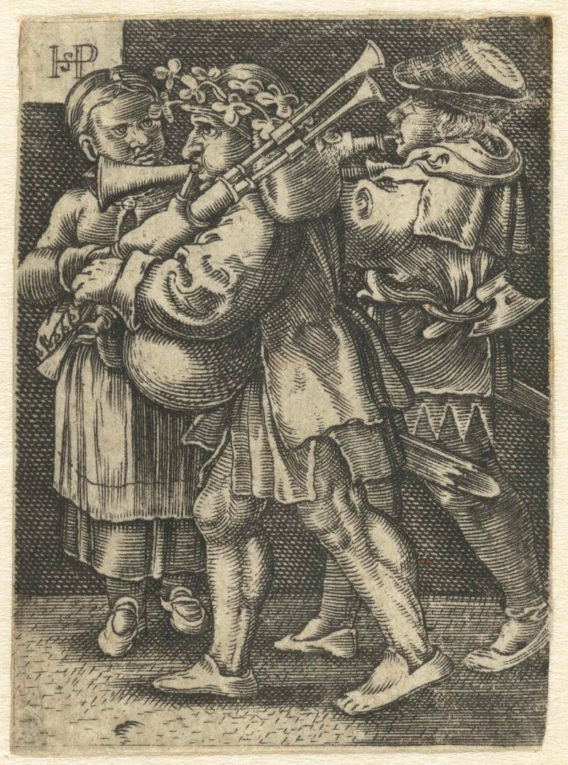 Gravura de Unknown Artist representando dois músicos tocando alaúde e flauta com uma menina.