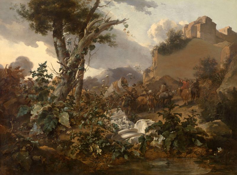 Cavalry battle in an Italian landscape, oil on canvas by Nicolaes Pietersz Berchem