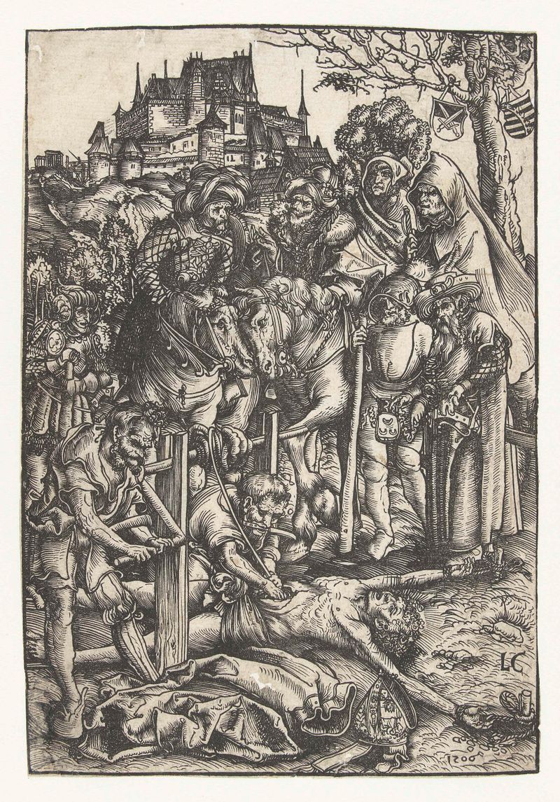 Martelaarschap van Heilige Erasmus de Lucas Cranach, medio papel, representando a un santo en martirio.