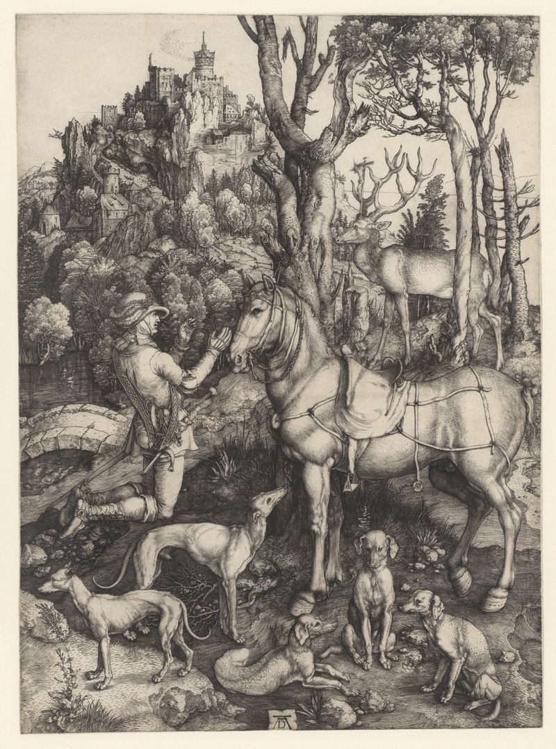 Grabado de Albrecht Dürer que muestra la visión de San Eustaquio de un crucifijo en los cuernos de un ciervo.