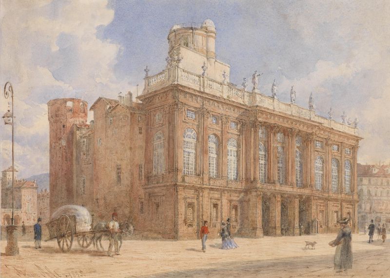 Castello Reale in Turin by Franz Alt, oil on canvas, tranquil landscape with castle reflection on water