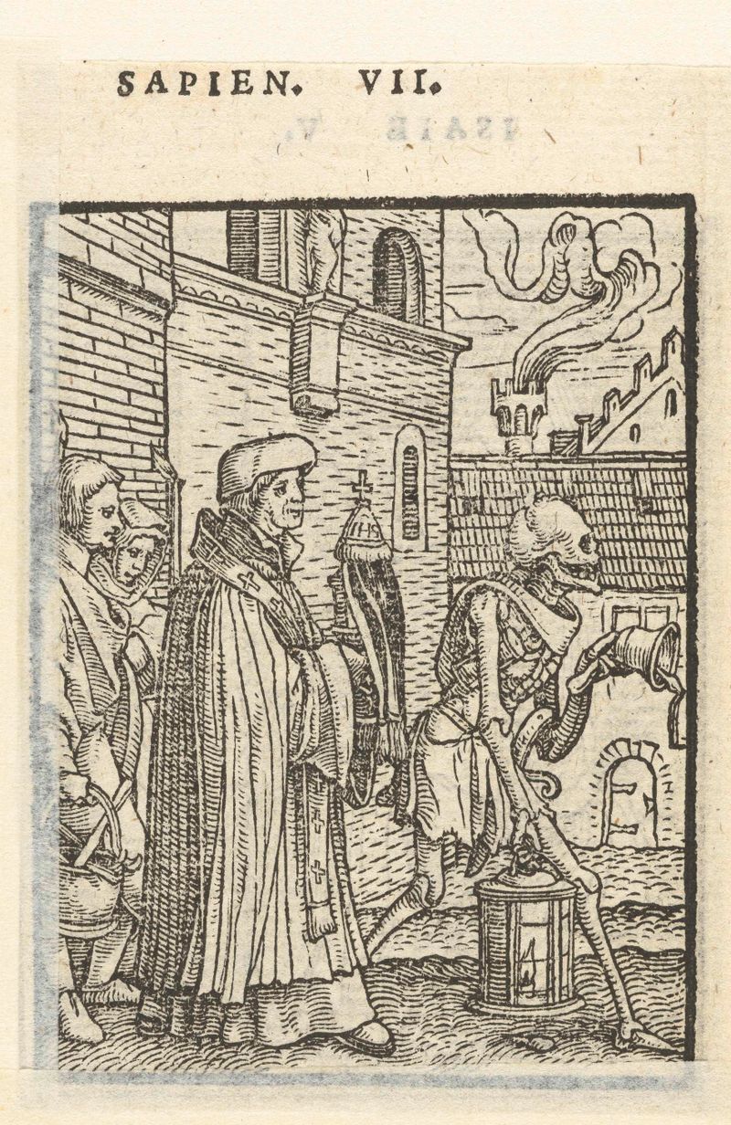Priester en de Dood by Hans Holbein, paper artwork depicting a priest and Death.