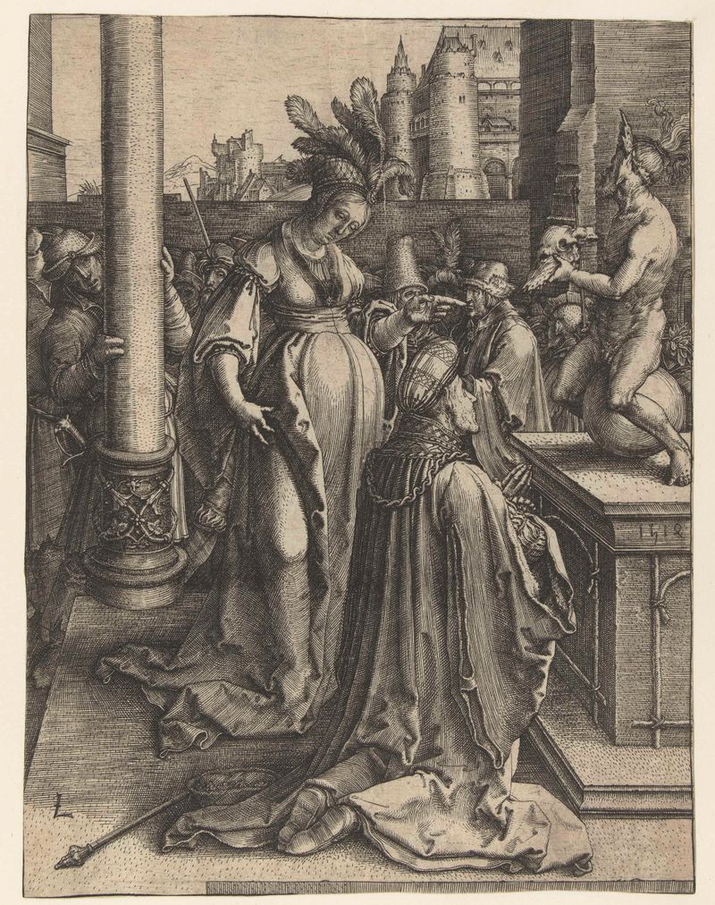 Gravura de Lucas van Leyden mostrando figuras religiosas e arquitetura intrincada