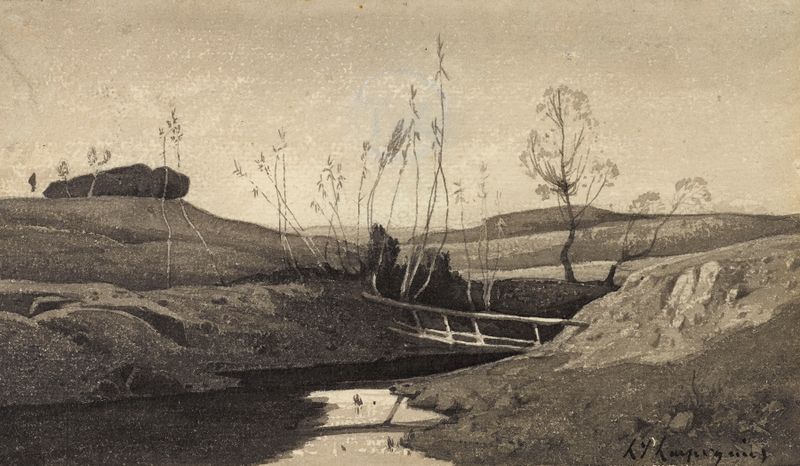 Le pont sur le ruisseau de Henri-Joseph Harpignies, óleo sobre lienzo que muestra un puente de piedra sobre un arroyo.