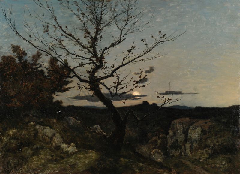 Paisagem de colinas ao crepúsculo em Clair de lune aux environs de Marseille de Henri-Joseph Harpignies, pintura a óleo.