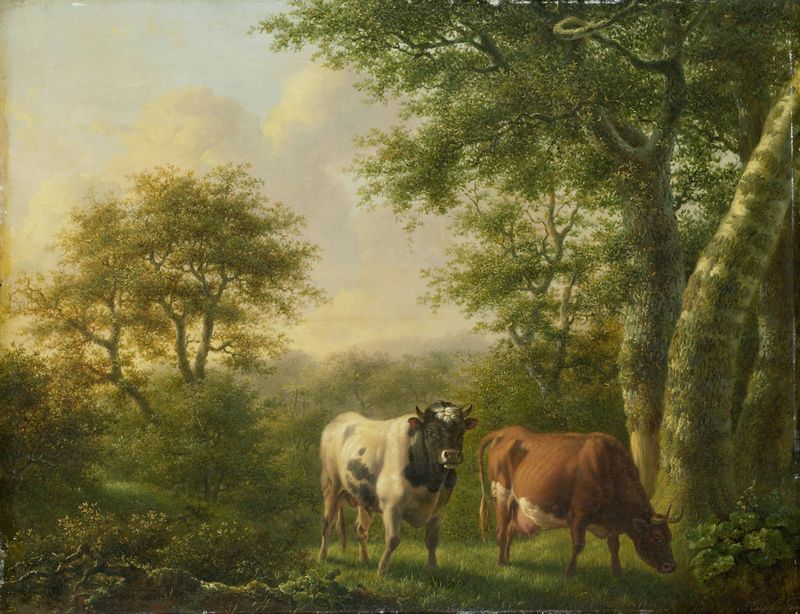 Landscape with Cattle by Adolf Karel Maximiliaan Engel, oil painting depicting cattle in a serene landscape.