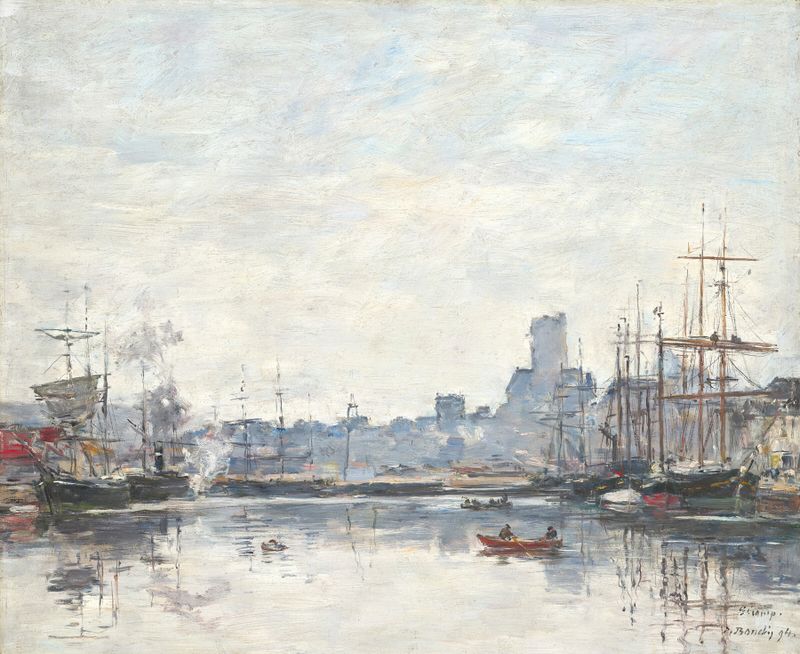Escena marina con barcos en la niebla, pintura al óleo de Eugène Boudin