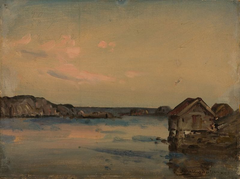 Kattehåle, Lindesnes de Amaldus Nielsen, pintura al óleo, que representa un mar tranquilo que se encuentra con un cielo ap...