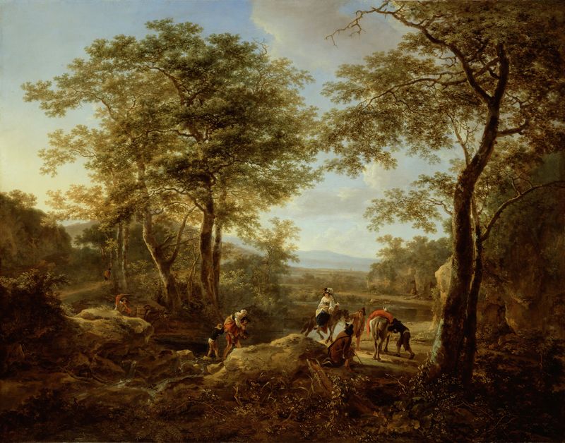Paisaje con viajeros en un vado, pintura al óleo de Jan Both