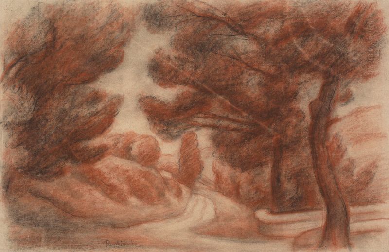 Paisaje con un camino entre árboles de Józef Pankiewicz, pintura al óleo que representa una escena natural serena