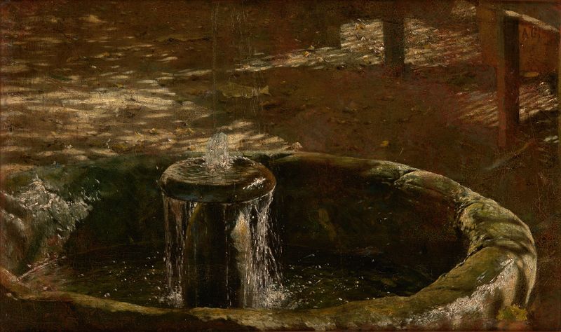 Fountain by Aleksander Gierymski, oil on canvas depicting a fountain with water and reflections