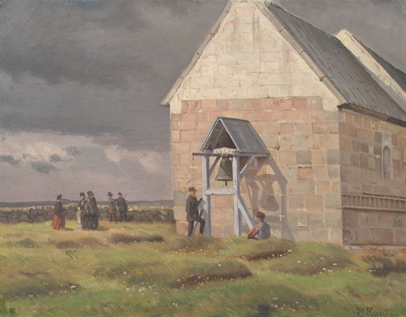 Oil painting by Hans Smidth depicting a stormy sky over Nørre Vium Church.