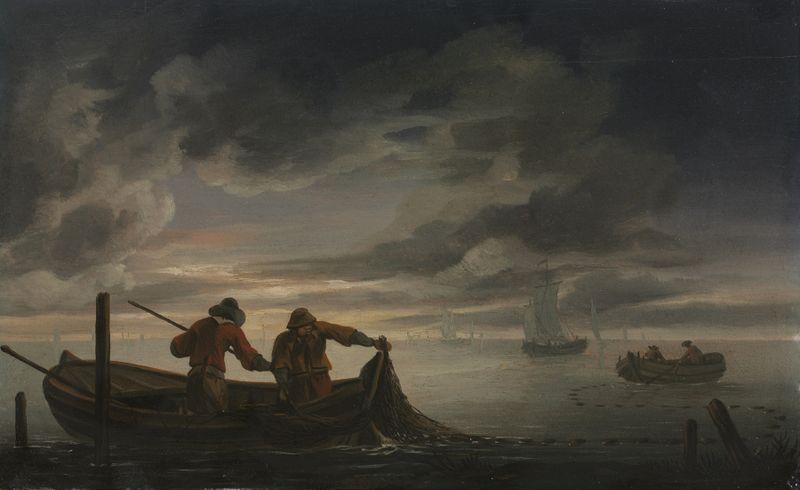 Estuary scene with fisherman, oil on canvas by Raphael Govertsz. Camphuysen
