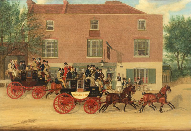 Genre scene depicting coaches and crowd at the Crown Inn, oil painting by James Pollard