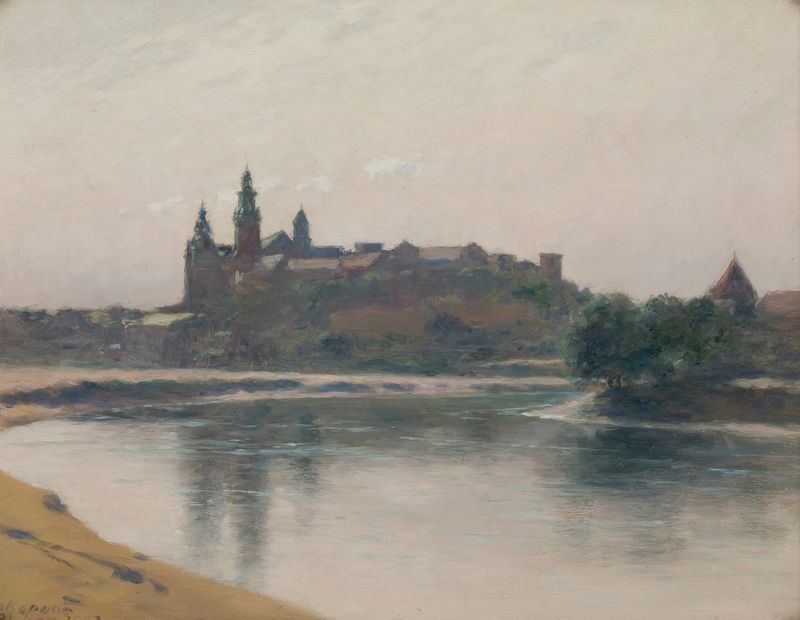 Wawel do lado do Vístula por Stanisław Witkiewicz, pintura a óleo que retrata um rio e um castelo.