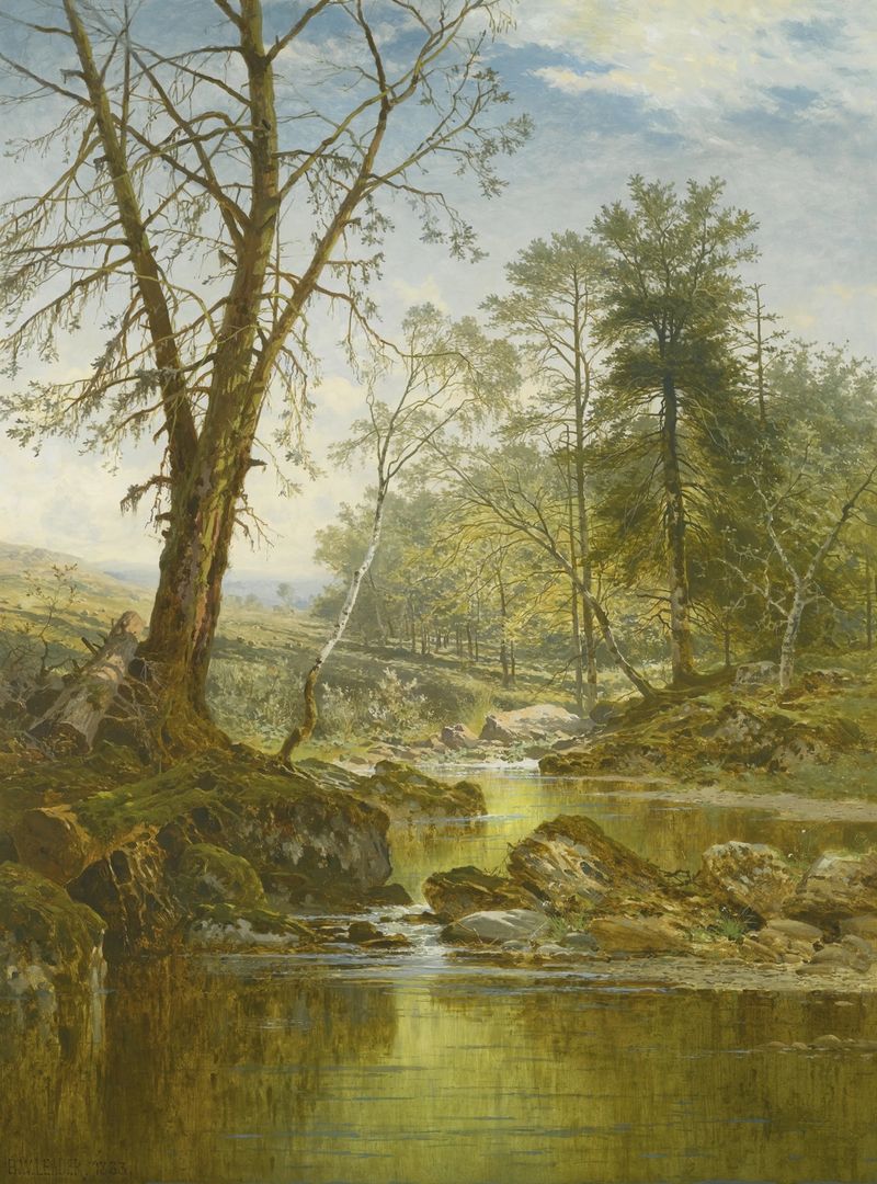 A Sunny Stream by Benjamin Williams Leader, oil painting depicting a serene landscape with sunlight and a stream.