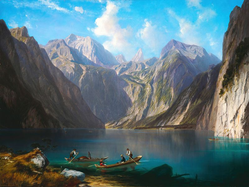 Konigsee de Willibald Wex, óleo sobre lienzo que representa un lago tranquilo y montañas brumosas.