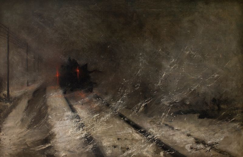 Blizzard de Leona Bierkowska, pintura al óleo que representa una tormenta de nieve con blancos y grises en espiral.