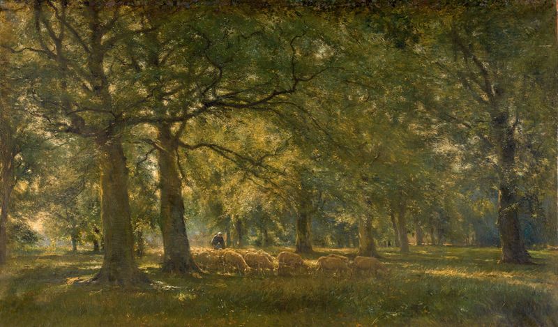 Landscape with Sheep by Franz Courtens, realism, depicting sheep grazing in a lush pasture.