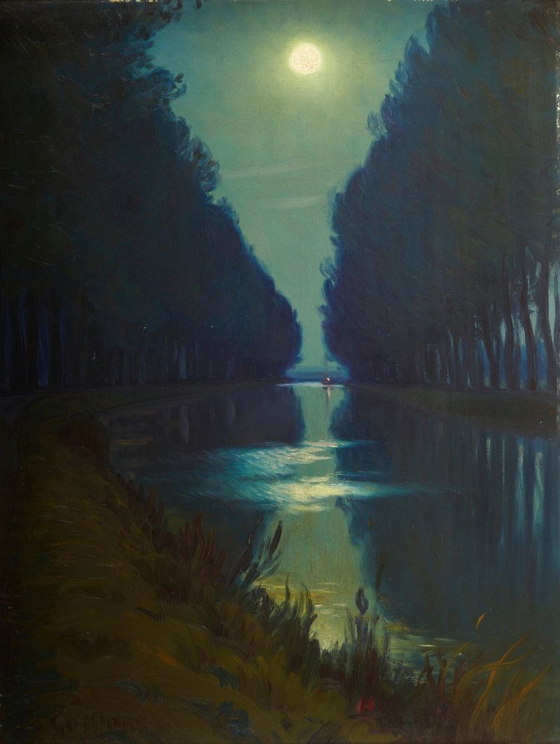 Canal de Chelles (Clair de Lune) by Charles Guilloux, oil painting depicting moonlight reflecting on water