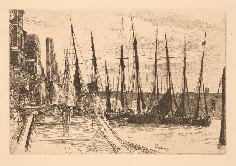 Billingsgate de James Abbott McNeill Whistler, pintura al óleo que representa un animado mercado de pescado