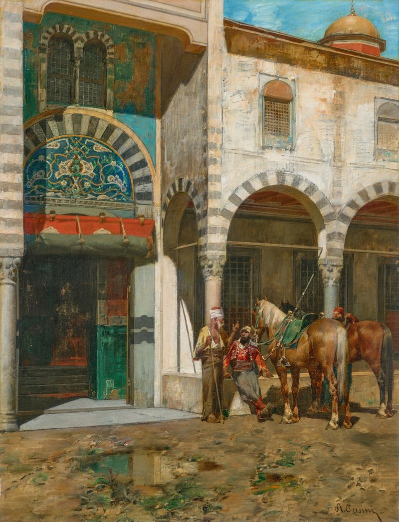 Cena de gênero mostrando viajantes descansando fora de uma mesquita, pintura a óleo de Alberto Pasini