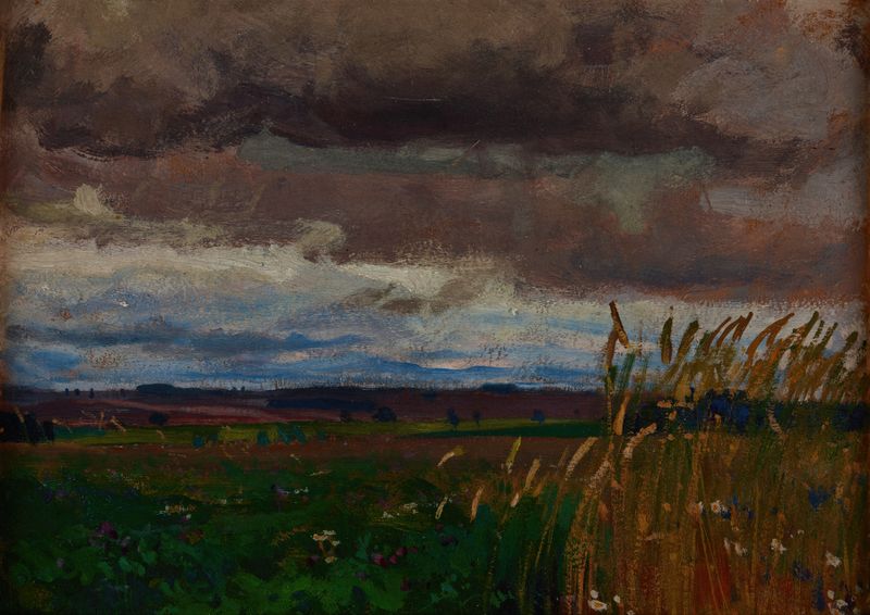 Paisaje de granos dorados meciéndose en la brisa, pintura al óleo de Jan Stanisławski