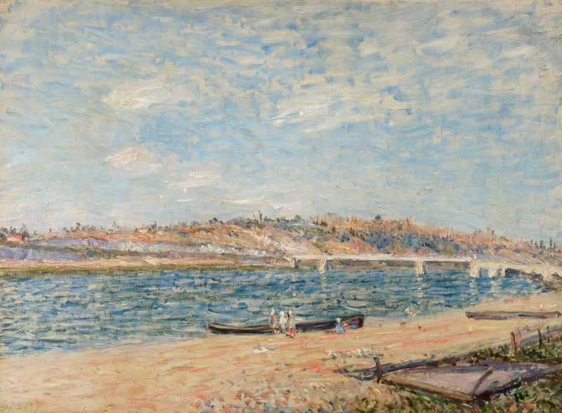 La Berge À Saint-Mammès, pintura al óleo de Alfred Sisley que representa un paisaje sereno de río con árboles y cielo.