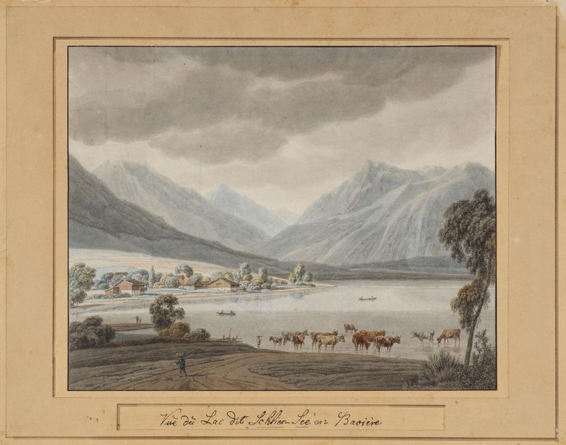 Oil painting of Schliersee by Wilhelm von Kobell, depicting a tranquil lake reflecting dusk colors.