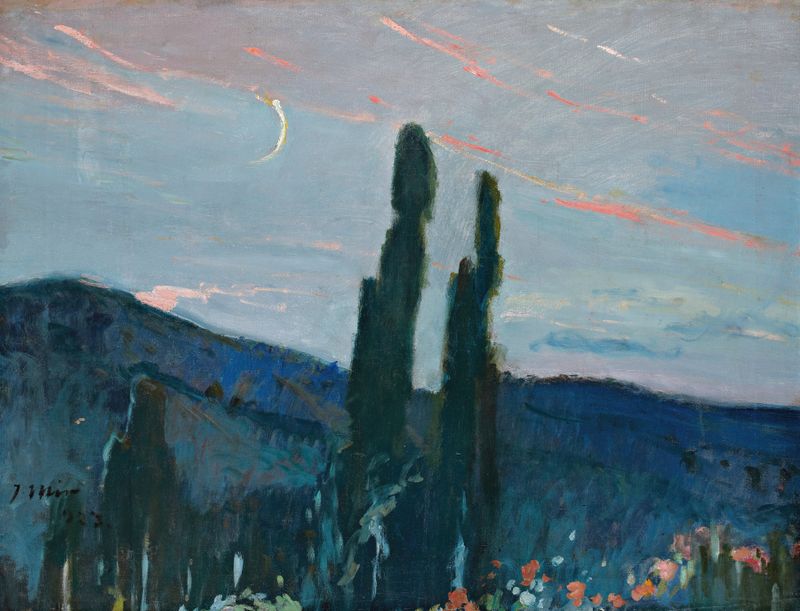 Twilight landscape with silhouettes of trees by Joaquin Mir Trinxet, oil painting, 1923