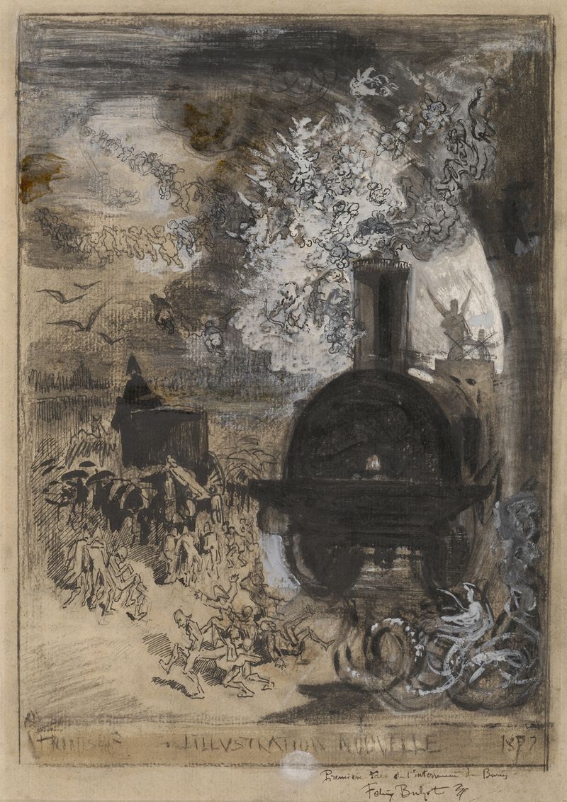 Etching by Félix Hilaire Buhot depicting shadowy figures and a burin.