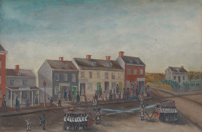 Firemen’s Washing Day by William P. Chappel, realism, depicts firemen washing uniforms in sunlight.
