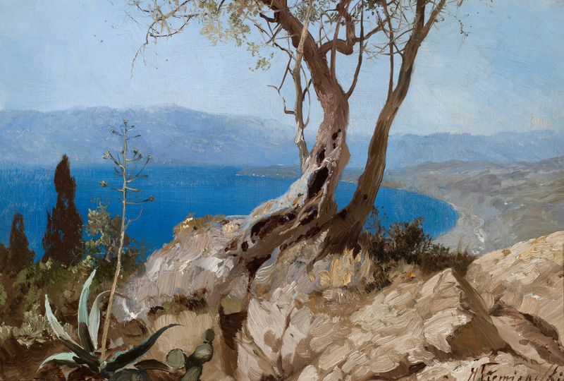 Lake view with rocky edge, oil painting by Henryk Siemiradzki