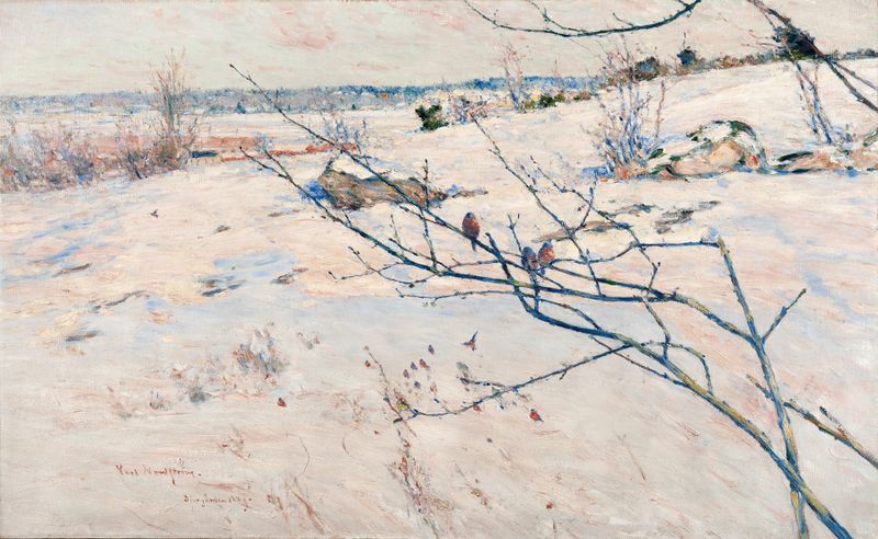Winter Landscape de Karl Nordström, óleo que muestra árboles cubiertos de nieve y un horizonte helado.