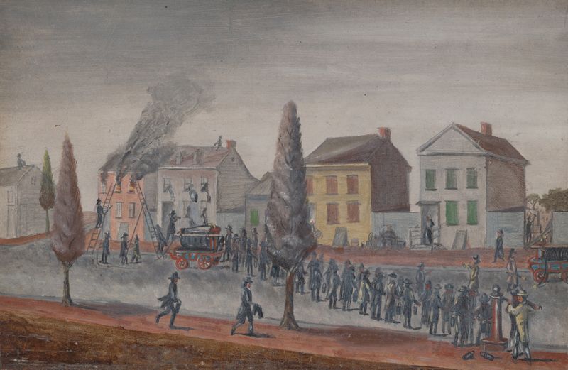 Fighting a Fire, oil on canvas by William P. Chappel, depicting chaos and flames.