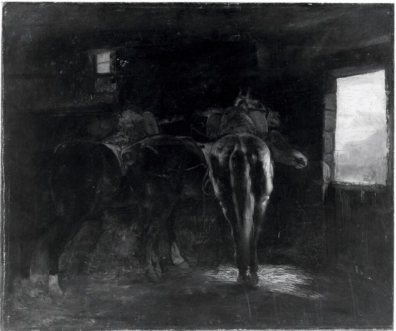 Interior de Establo con Caballos, óleo sobre lienzo de artista no identificado