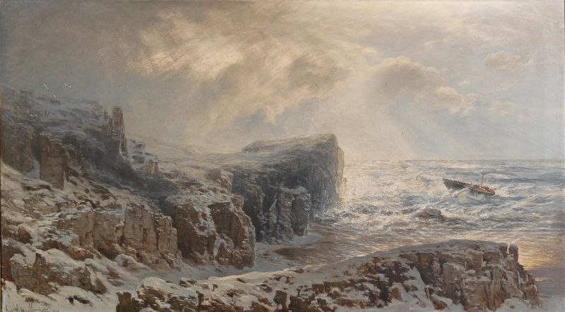 Winter storm landscape by August Schaeffer von Wienwald, oil painting