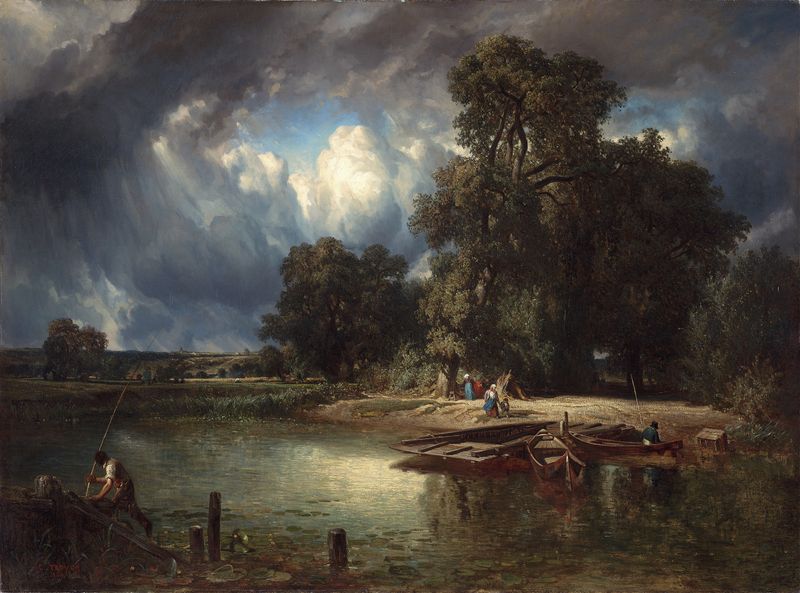 Landscape with stormy clouds in oil painting by Constant Troyon