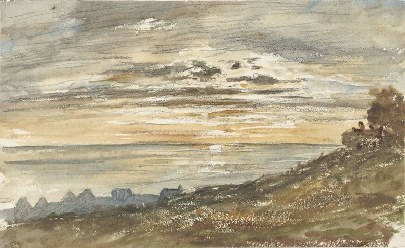 Sunset over Trouville, oil on canvas by Paul Huet, with golden light reflecting on the sea.
