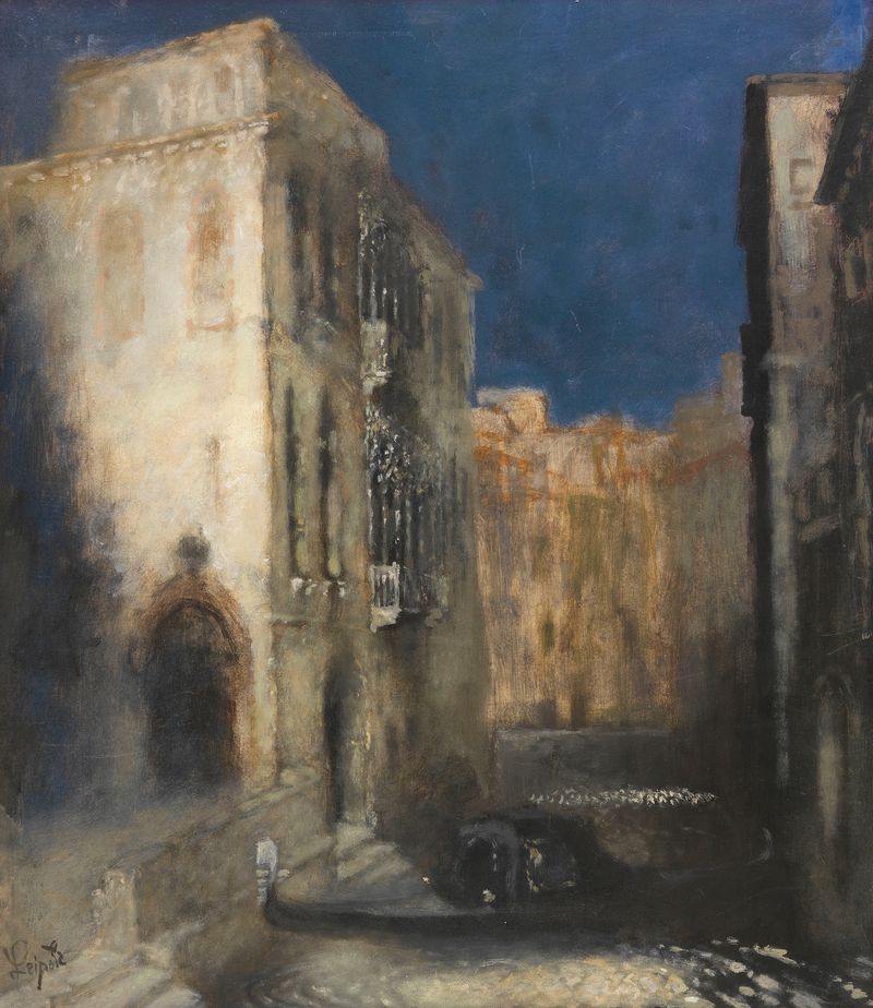 Kanal in Venedig bei Mondschein de Karl Leipold, óleo sobre tela que retrata um canal sob a luz da lua.