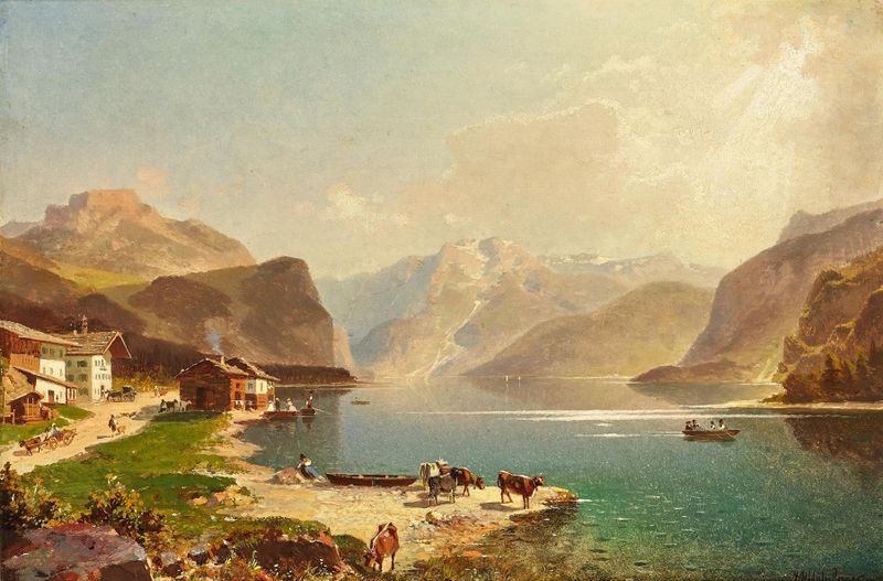 Paisagem do Lake Achensee de Franz Richard Unterberger, pintura a óleo