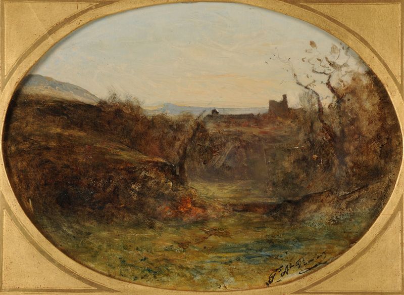 Champfond à Crémieu by François-Auguste Ravier, oil on canvas depicting hills under a stormy sky.