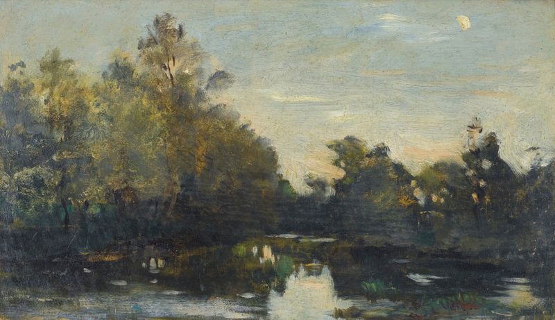 Paisaje con riberas de río y follaje de Charles François Daubigny, pintura al óleo
