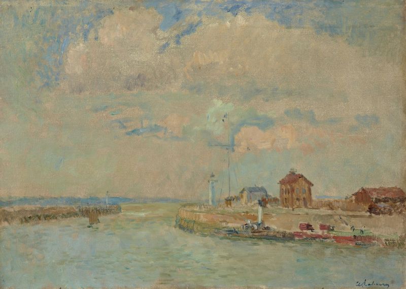 Marine scene by Albert Lebourg, oil on canvas depicting boats and shimmering water.